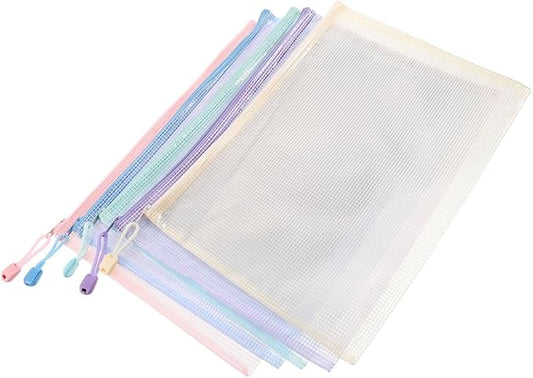 STOBOK Mesh Zipper Pouch Bags 5-Pack 9.25X4.40X0.07In Document Storage Organizer with Rope Ring for Office School Supplies