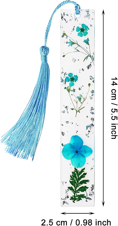 Penta Angel Dried Flower Resin Bookmarks Handmade Clear Pressed Floral Page Markers with Silky Tassel Reading Gift for Women Adults Graduation Valentine’s Day Christmas (Lake Blue)