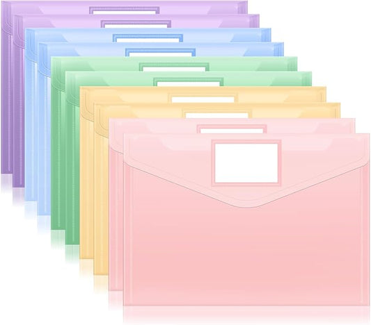 Sooez 10 Packs Plastic Envelopes Plastic File Folders, Clear Document Organizer Folder US Letter A4 Size Folders for Documents with Label Pocket for School Office Work Home Organization, Fresh Colors