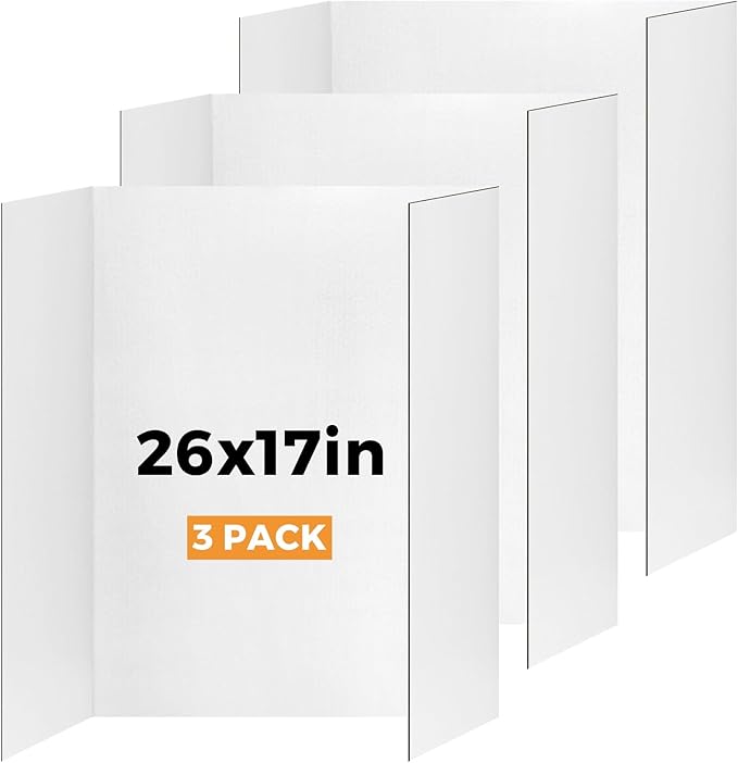 3 Pack Small Trifold Poster Board 26" x 17" White Corrugated Project Boards for Science Fairs, School Projects and Event Displays