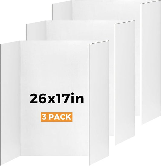 3 Pack Small Trifold Poster Board 26" x 17" White Corrugated Project Boards for Science Fairs, School Projects and Event Displays