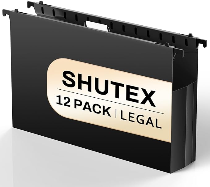 SHUTEX Extra Capacity Legal Size Hanging File Folders,12 Pack Reinforced Plastic Hanging Folder, Heavy Duty 2 Inch Expansion, Filing Cabinet Folders for Bulky Files, Medical Charts, Black