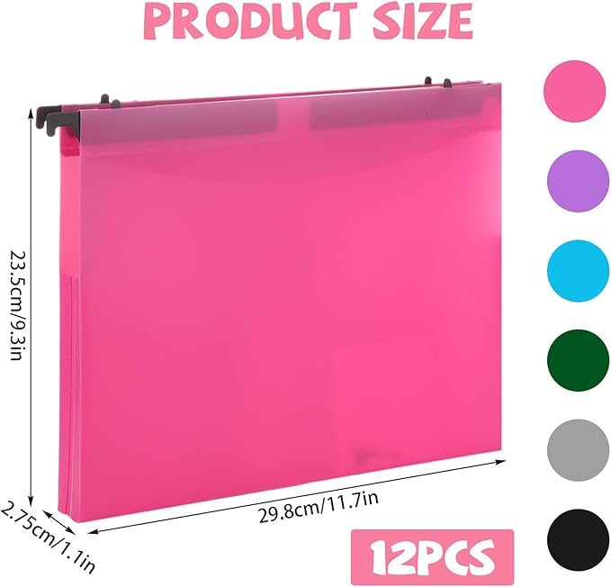 12 Pack Plastic Extra Capacity Hanging File Folders, Expanding Hanging File Folder Letter Size, File Cabinet Folders for Filing Cabinet Office Home, 6 Colors