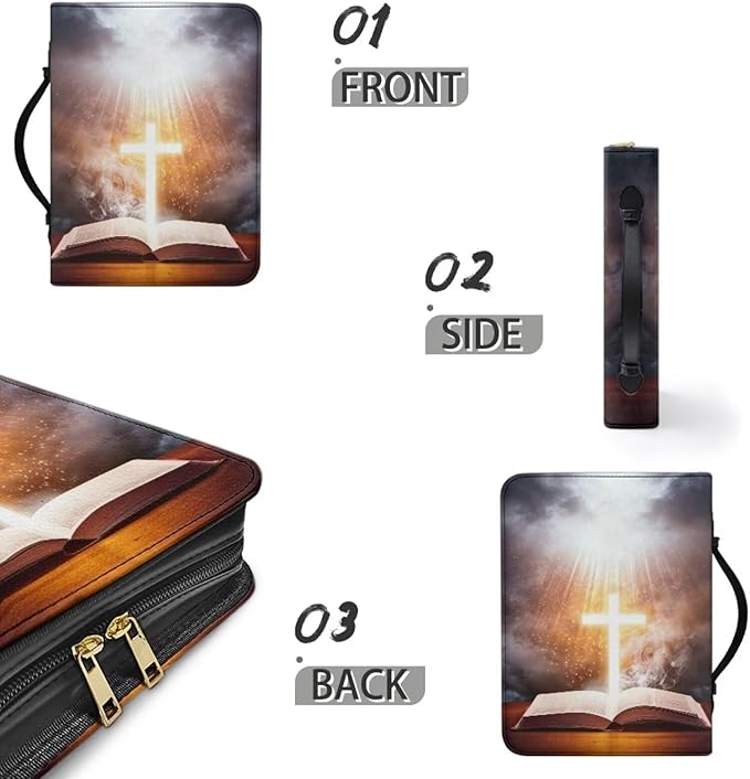 Leather Bible Cover for Girls and Women, Book Case Church Bible Protective with Handle and Zippered Pocket,Bible and Cross,Medium