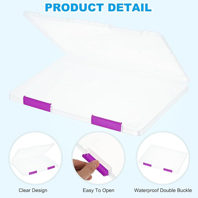 PATIKIL Clear A4 File Portable Project Case with Buckle Plastic Storage Box for 8.5" x 11" Letter Paper Scrapbook Paper Storage Boxes, 4Pcs, 12.2"x9.1"x0.8", Purple