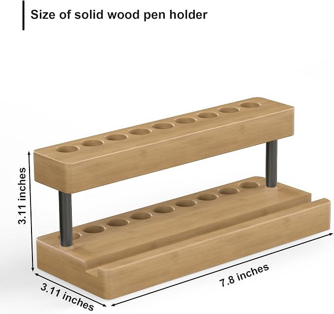 Wooden Holder for Office Desk, Solid Wood Pen Display Stand With 9 Slots and Cell Phone Holder, Aesthetic Pen Organizer for Minimalist Office Desk Decor (Wood+Black)