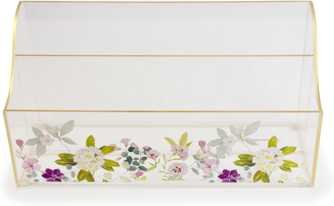 Papyrus Acrylic Mail Organizer – Gold Edge Clear Desk Organizer with Double Sided Floral Prints – Small Letter Holder for Mail, Bills, Cards, and More – Desktop Stationary Organizer – Office Supplies
