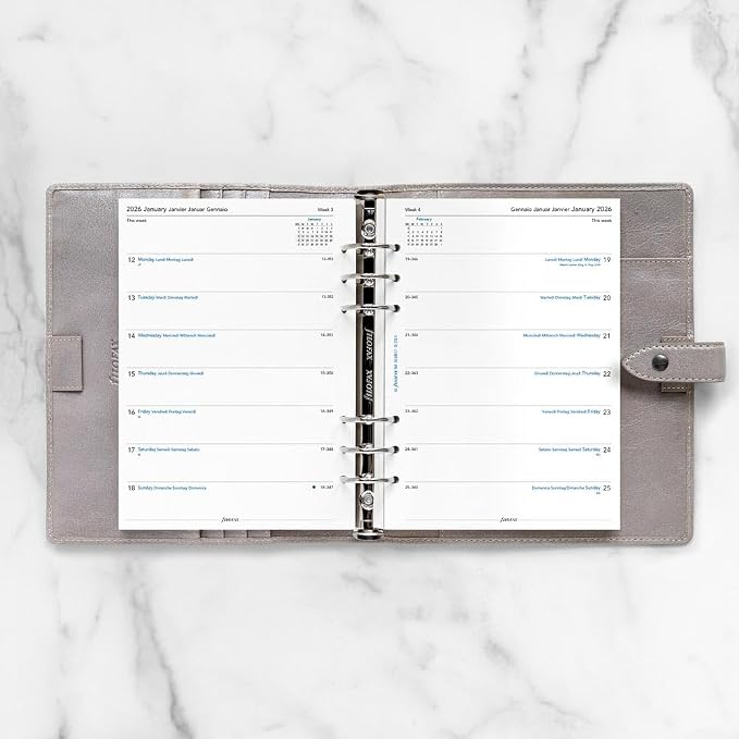 Filofax Calendar Diary Refill, A5 Size, Week on One Page, White Paper, Unruled, Multilingual: Four Languages, 2026 (C68517-26)