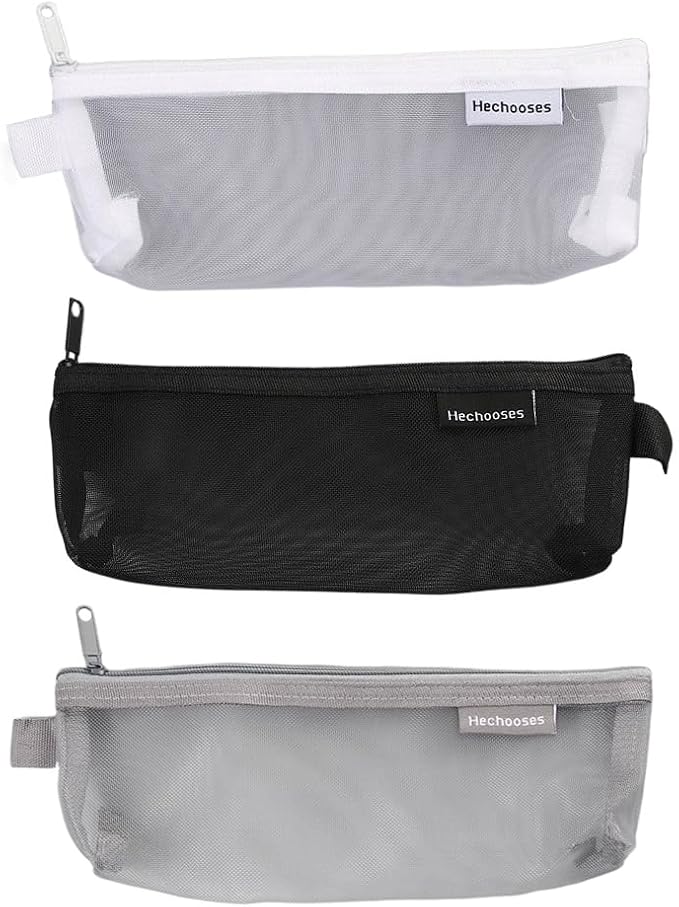 Pokinge 3Pcs Pencil Storage Mesh Pouch Transparent Net Yarn Nylon Pencil Case Portable Cosmetic Bag Stationery Organizer With Zipper For Travel