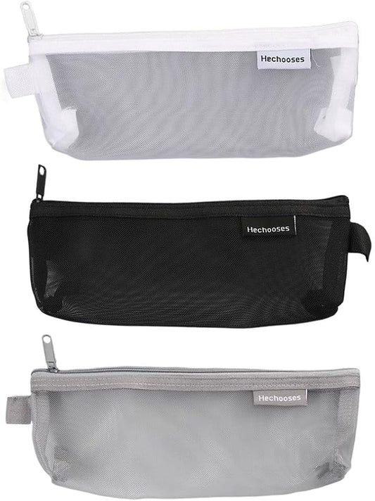 Pokinge 3Pcs Pencil Storage Mesh Pouch Transparent Net Yarn Nylon Pencil Case Portable Cosmetic Bag Stationery Organizer With Zipper For Travel