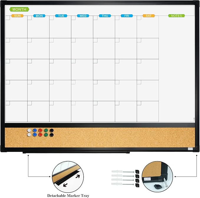 JILoffice Magnetic Calendar Whiteboard & Bulletin Corkboard Combination, Combo Board 24 x 18 Inch, 2 Pack, Black Aluminum Frame Wall Mounted Board for Office Home and School with 10 Push Pins