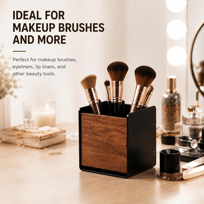 Walnut Desk Organizer, Minimalist Pencil Holder with Metal Frame, Multi-Purpose Storage for Pens, Makeup Brushes & Remote Controls, Modern Office Desk Accessory (1 Slot)