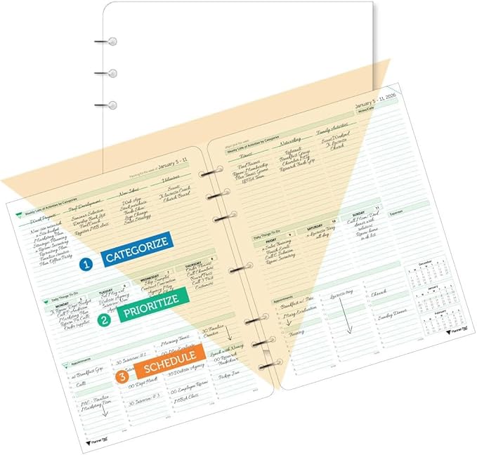 Planner Pad 7 Hole Loose Leaf January-December 2026/ Calendar Year 8 1/2" x 11" Large 3-Tier Funnel Down 12 Month Organizer, Soft Green Ink