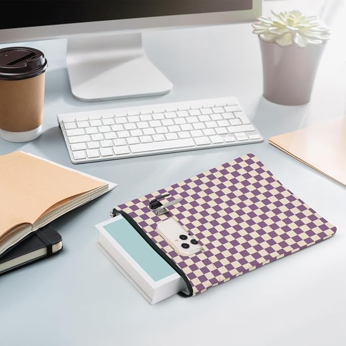 Purple Plaid Book Lovers Gifts Book Sleeve Vintage Checkered Waterproof Book Cover Book Pouch Book Protector with Front Pocket Book Club Christmas Birthday Gifts for Women Girl Reader Book Accessories