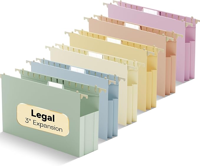 Legal Size Plastic Hanging File Folders Extra Capacity,3" Pastel Expanding Pocket,Legal Expandable Large Hanging Folder with Tabs,Heavy Duty Filing Cabinet Folders for Bulky Files,6 Pack
