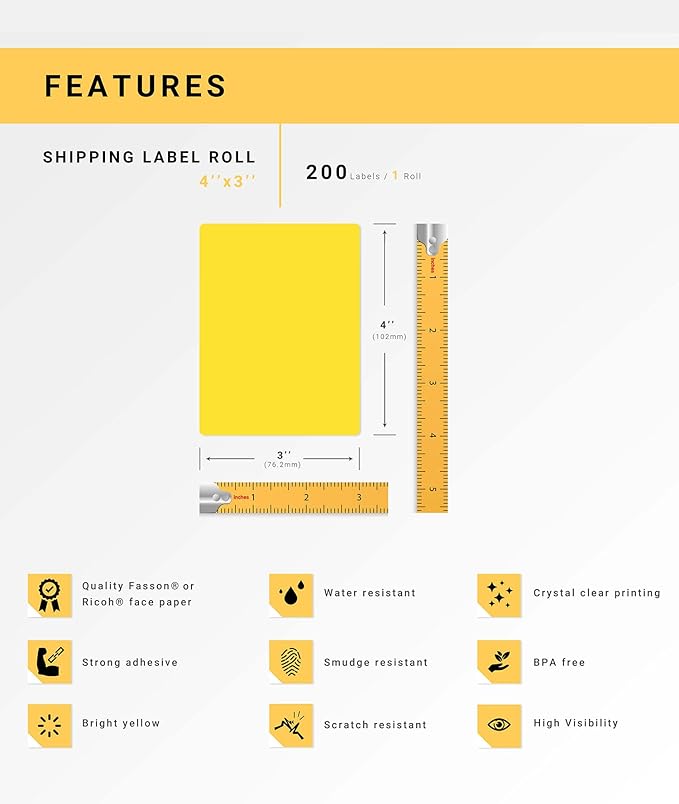HOUSELABELS 4" x 3" Yellow Shipping Labels on 0.75" Core Compatible with Zebra and Rollo Printers, 50 Rolls / 200 Labels per Roll