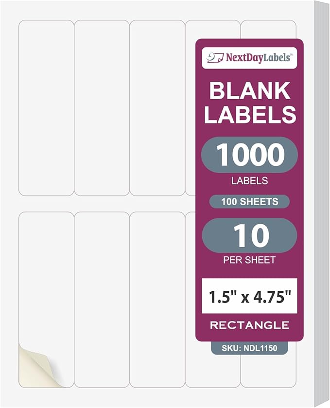 NextDayLabels 1.5x4.75 Inch Rectangle Stickers White Blank Labels for Laser Inkjet Printer - 10 Per Sheet Self-Adhesive Unique Size Label Made in USA - 1000 Labels