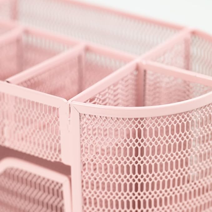BLU MONACO | Pink Desk Organizers Metal Mesh Stationery Holder | Wire Mesh Desk Organizer with Compartments | Desk File Folder Organizer for Office Accessories