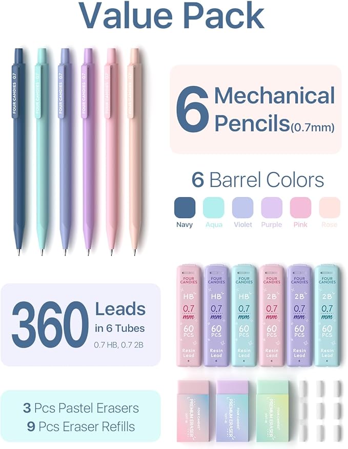 Four Candies 6PCS Cute Mechanical Pencil Set with 372 Leads & Erasers, 0.7mm Medium Point, Pencils Mechanical with 360PCS (HB & 2B) Lead Refills & 12PCS Erasers & Storage Case for Writing & Drawing
