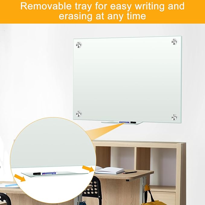 H-Qprobd Glass Magnetic Dry Erase Whiteboard 36"x24" for Wall, Frameless White Board, Includes 12 Magnets, 8 Markers and 2 Erasers