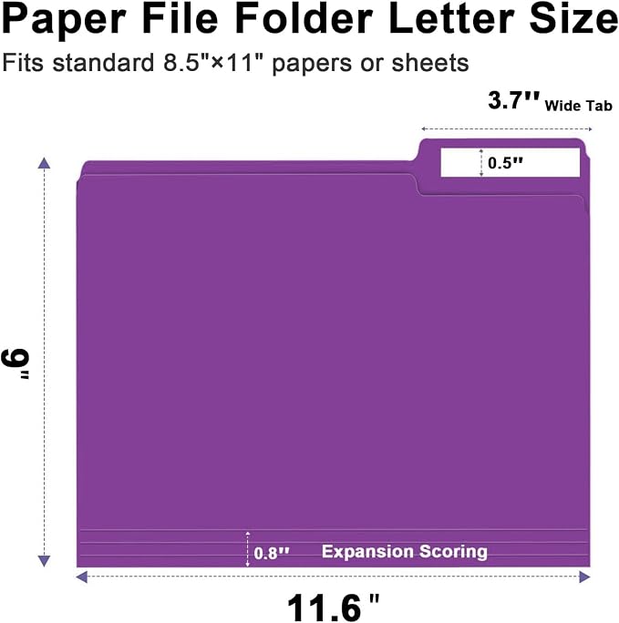 File Folder, RAZCC 150 Pack 1/3 Cut Tab File Folders Letter Size, Purple, Folders, Folders with Tab, Great for Organizing and Easy File Storage