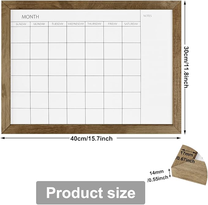 TORASO Dry Erase Monthly Calendar Board, Solid Pine Wood Frame Magnetic Whiteboard for Wall, Office/School/Home, Hanging Board 12"x 16"(YL-RB-3040-A)