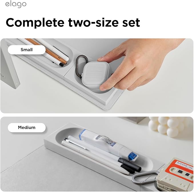 elago Smart Magnetic Desk Mat Pencil Tray – Soft Silicone Organizer for Office Supplies, AirPods, Glasses, Pens – Noise-Free, Washable, Item for Desk Management [Medium-Small Set] (Light Grey)
