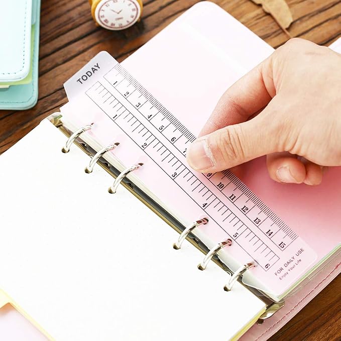 JKJF 4 Pcs Plastic Page Marker Snap-in Bookmark Ruler Binder Ruler for A6 Size 6-Hole Notebook Filler - Clear and Black