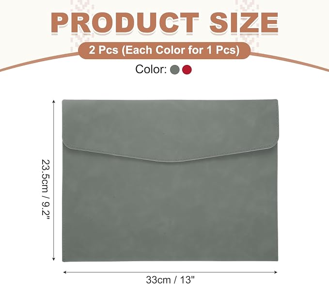 PATIKIL 2Pcs PU Leather File Folders, 13x9 A4 Document Holder Waterproof Envelope Folder with Snap Closure, Portable Portfolio Organizer Case for Paper Receipt, Gray/Red