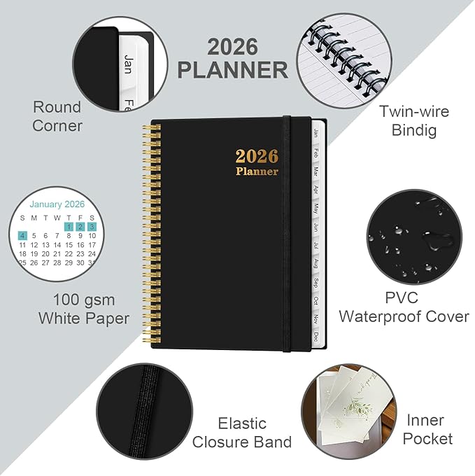 Planner 2026 For Women & Men - Monthly and Weekly Calendar Planner from January 2026 - December 2026, Student Planning with 12 Tabs for Office School Supplies, Inner Pocket, 8.5" x 11", Black