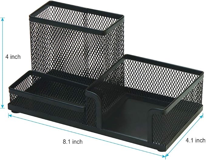 2-Piece Desk Pen & Pencil Organizer - Mesh Metal Pen Cup with Sticky Notes Holder, Black | Pen Cup