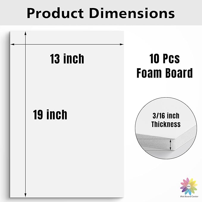 Mat Board Center, 10 Pack 3/16" Thick White with White Core Foam Core Backing Board/Mounting Board (13X19)