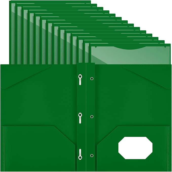 Henoyso 36 Pcs Plastic Folder with Clear Front Pocket and 3 Prong Plastic Folders with Card Slot Pocket Folders with Prongs for School Office (Dark Green)