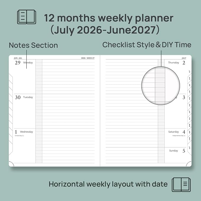 POPRUN Planner 2026-2027 (Large 8.5"x 10.5"), Horizontal Weekly Notebook Jul.2026 - Jun.2027, Academic Appointment Book with Monthly Tabs, Leather Hardcover, Inner Pocket - Orange
