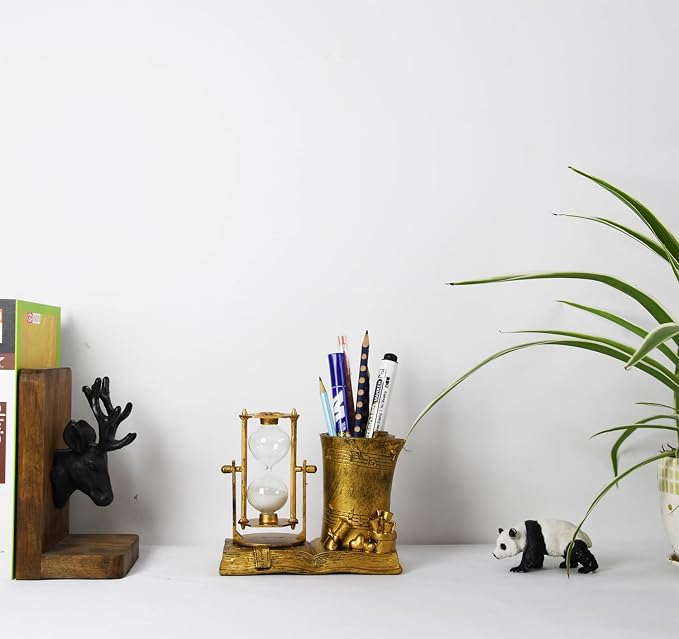 Owlgift Music-Themed Pencil Holder with Hourglass, Resin Desktop Organizer for Office & Study, Pen Holder with Sand Timer, Classic Addition Scissors Storage, Artistic Accessory Gift