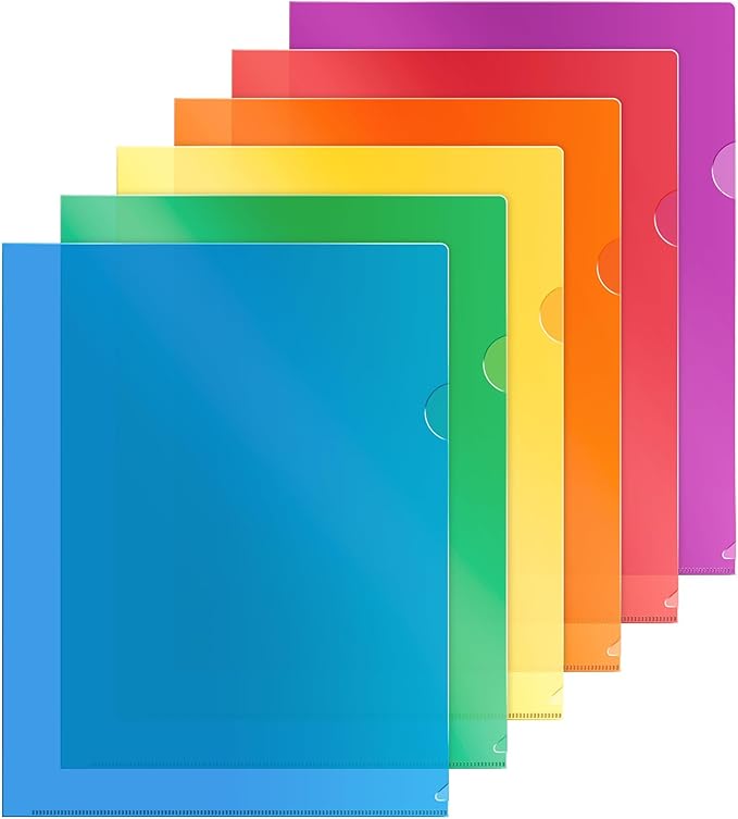 Dunwell Clear Plastic Folders for Documents (12 Pack, Assorted Colors) - Letter Size Plastic File Folder Sleeves 8.5x11 - Durable & Tear-Resistant Poly Document Folder Jackets for School Office & Home