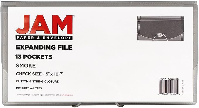 JAM PAPER Accordion Folders - 13 Pocket Plastic Expanding File - Check Size - 5 x 10 1/2 - Smoke Grey - 2/Pack
