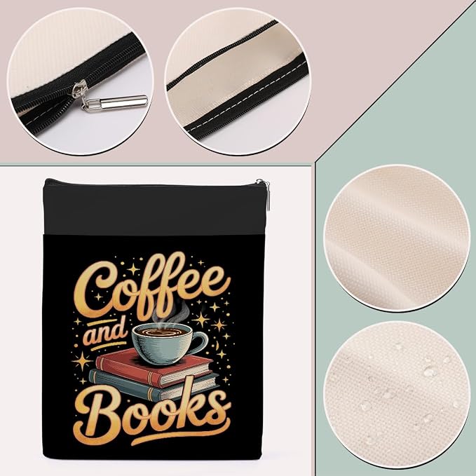 Drink Coffee Read Books Book Sleeve, Book Lovers Gifts Sleeve with Zipper & Front Pocket, 11.4x8.8 Inch Canvas Books Cover Protector Bookish Gifts for Readers Librarian Women Teacher