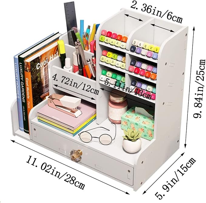 Hggzeg Desktop Pen Organizer, Stationary Organizer with Drawers and 2 File Holder, Art Supply Storage, Multi-Functional Pen Pencil Holder, for Home, Office and School