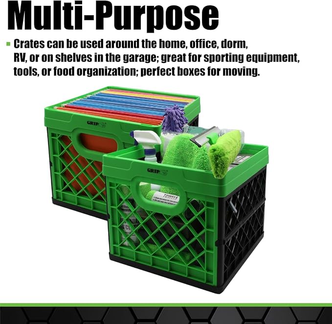 Grip Folding Stackable Storage Bin, Grn, 6 Gallon - Dimensions: 13" x 13" x 11" - Milk Crate - Capacity: 50 lbs - Heavy Duty Plastic - Collapsible Crate for Sporting Goods, Toys, Pool Toys, Files