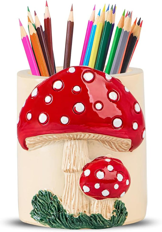dgudgu Mushroom Resin Pencil Holder & Pen Organizer - Cute Desk Pencil Holders With Multiple Compartments