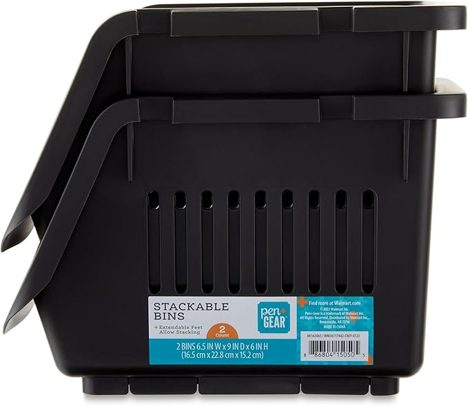 IT'S BRAZILIAN Stackable Storage Bins Set of 2, Plastic Organizer Boxes for Office, Desk, Closet, Black