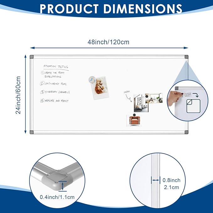 SWANCROWN Magnetic Dry Erase Board 48 x 24 Inches - Large White Board, Silver Aluminum Frame, 4' x 2' Writing Whiteboard for Walls, Home Office, School, Studio