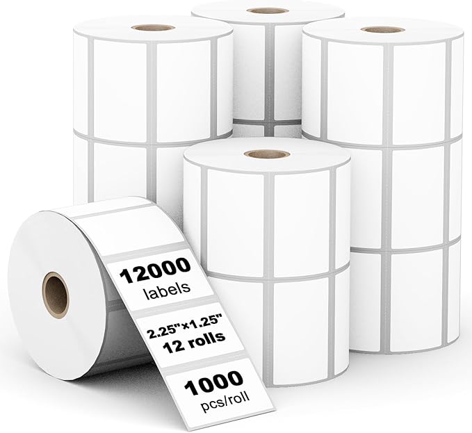(12,000 Labels/12 Rolls) Labelebal 12 Rolls,1000/Roll -Zebra 2.25" X 1.25” Direct Thermal Labels - Perforated Stickers for Barcode Address, Compatible with Zebra & Rollo & MUNBYN Desktop Printer