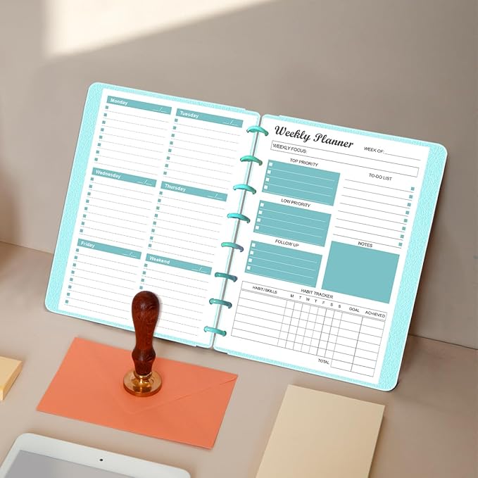 Junior Size Undated Weekly Planner Refills - 8-Disc 53 Sheets/106 Pages Weekly Planner for Half Letter Size, 100 gsm White Paper, Lasts 1 Year, Undated, 5.8" x 8.3", Teal