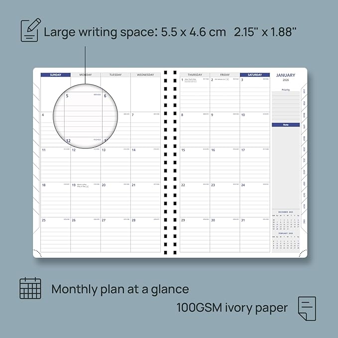 POPRUN 2026 Weekly Planner (A4-8.25'' x 11.75''), Quarter-Hourly Appointment Book (Jan. 2026 to Dec. 2026) with Monthly Tabs, Spiral Softcover, 2 Inner Pockets, Pen Holder - Midnight Green