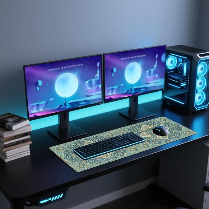 Persian Desk Mat Gaming Large Mouse Pad Teal Gold Ornate Floral Botanical Mousepad Computer Keyboard Pad Mouse Mat Laptop Mat 31.5 x 11.8 Mouse Pads for Desk Home Office Gaming