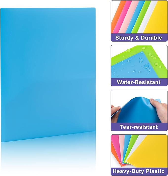 BOOMIBOO Colored Plastic Folders with Pockets (7 Pack, Assorted Colors), Durable Heavy Duty File Folders with Business Card Slot, 2 Pocket Folders for Schoolwork & Office,Letter Size