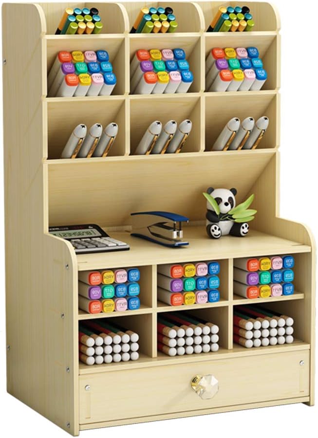 Hggzeg Wooden Desk Organizer with Drawer, Large Capacity DIY Pen Holder Storage Box Desktop Stationary Storage Rack, Pen Organizer Caddies for Office, Home and School Supplies (B16-White Maple)