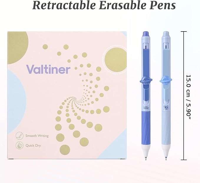 8 Pcs Cute Erasable Gel Pens with Erasers, 0.5 mm Fine Point Black & Blue Ink Pens, Smooth Writing Retractable Pen for Note Taking and Crossword Puzzles (Blue)